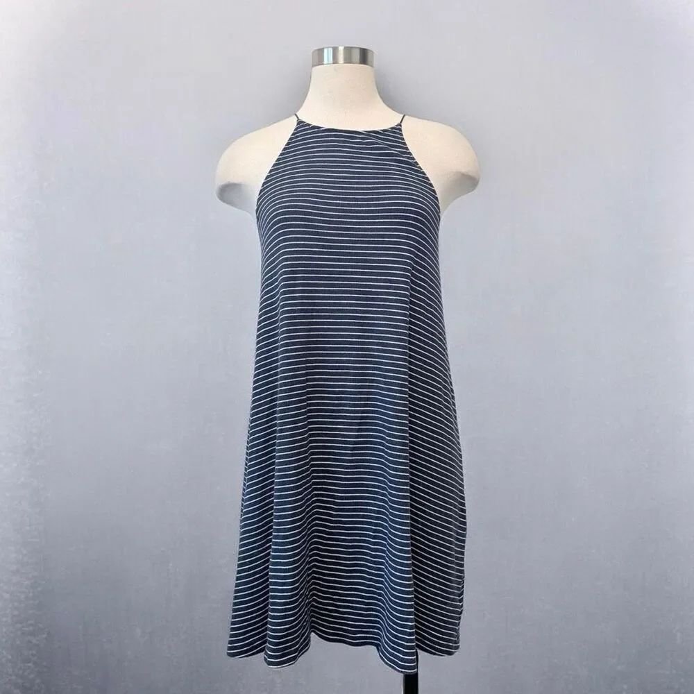 Dip blue Stripe High Neck Mini Dress Swing Trapeze Small